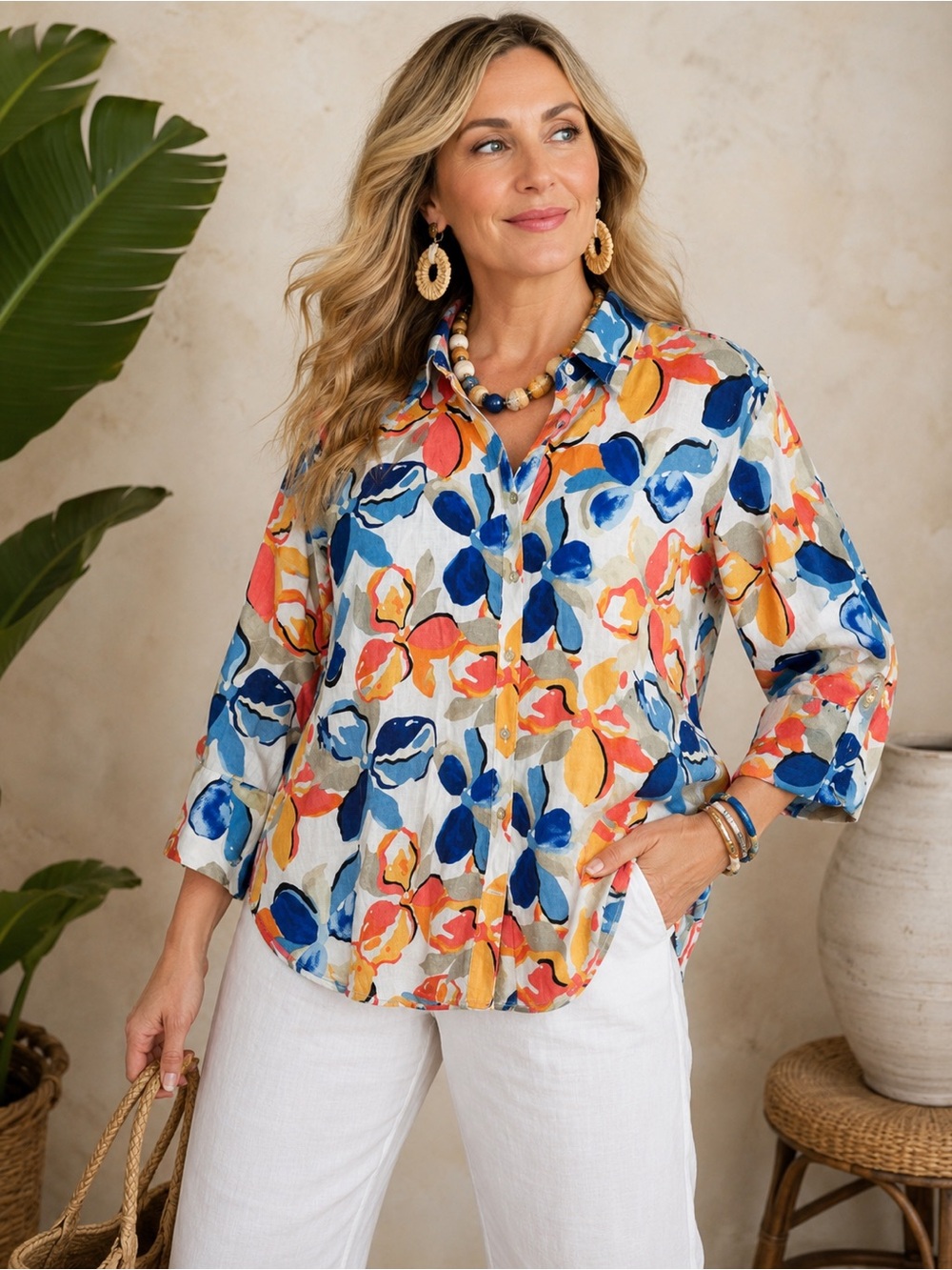 Chico’s 100% Linen Abstract Floral Button Front Shirt US 14 Colorful Art Print